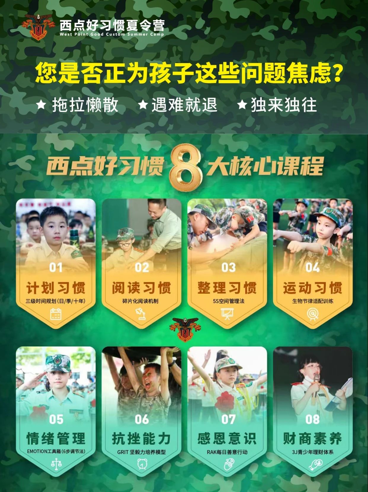 是缺个“练兵场”！ “我家孩子适合军事夏令营吗？”  好多家长在问：“教官，您看我家这孩子，到底适不适合参加军事夏令营？” 其实，军事夏令营真不是只给“调皮蛋”准备的！它更像一个综合成长的训练场，能为不同特质的孩子都带来意想不到的蜕变！  咨询热线：135-6477-3291（微信同号）  缺乏自律的孩子 作业拖到最后一刻？电子产品不离手？生活作息一团乱？ 严格作息、内务整理、队列训练，让孩子在规律中学会时间管理，建立自律性，告别拖延和依赖。  ☹️独立性差的孩子 书包要家长收？衣服不会穿？小事也要喊爸妈？不敢自己睡？ 离开舒适的家！独立生活是必修课。自己整理内务、解决小问题、面对陌生环境，快速提升生活自理能力和独立担当精神。  抗压能力弱的孩子 遇到困难就退缩？“易碎玻璃心”，情绪容易“一点就炸”？ 军事训练中的挑战（体能、任务、评比）就是最好的“挫折教育”。在教官引导和团队支持下，孩子学会如何面对压力、调整心态、越挫越勇。  ☹️缺乏团队意识的孩子 喜欢单打独斗？不懂分享合作？有时显得有点“小自私”？ 集体生活+团队任务是核心！站军姿要整齐、拓展要协作、生活要互助。孩子会在实践中深刻理解团队的力量，学会沟通、分享、共赢。  身体素质差的孩子 爱动、体质弱、换季容易生病？对运动提不起兴趣？ 规律体能训练+丰富户外活动！晨跑、军体拳、拓展游戏… 在充满活力的氛围中，孩子体质增强了，运动习惯萌芽了，精气神更足了！  缺乏目标感的孩子 学习没动力？生活没方向？对未来有点“懵懵懂懂”？ 任务驱动+荣誉体系！完成挑战、获得勋章、达成目标。这种清晰的目标设定和达成过程，能有效激发内在动力，帮助孩子找到方向感，树立小目标。  内向、不善表达的孩子 不敢主动交流？害怕当众说话？有点社交恐惧？ 开放包容的集体环境是天然社交场！自我介绍、团队讨论、
